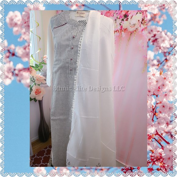 New off-White Kurta floral Palazzo Set -Indian Straight Kurti Set SIZE M - Picture 4 of 8